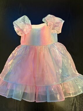 Sparkle in Pink Girls Iridescent Pink Pastel Puff-Sleeve Dress